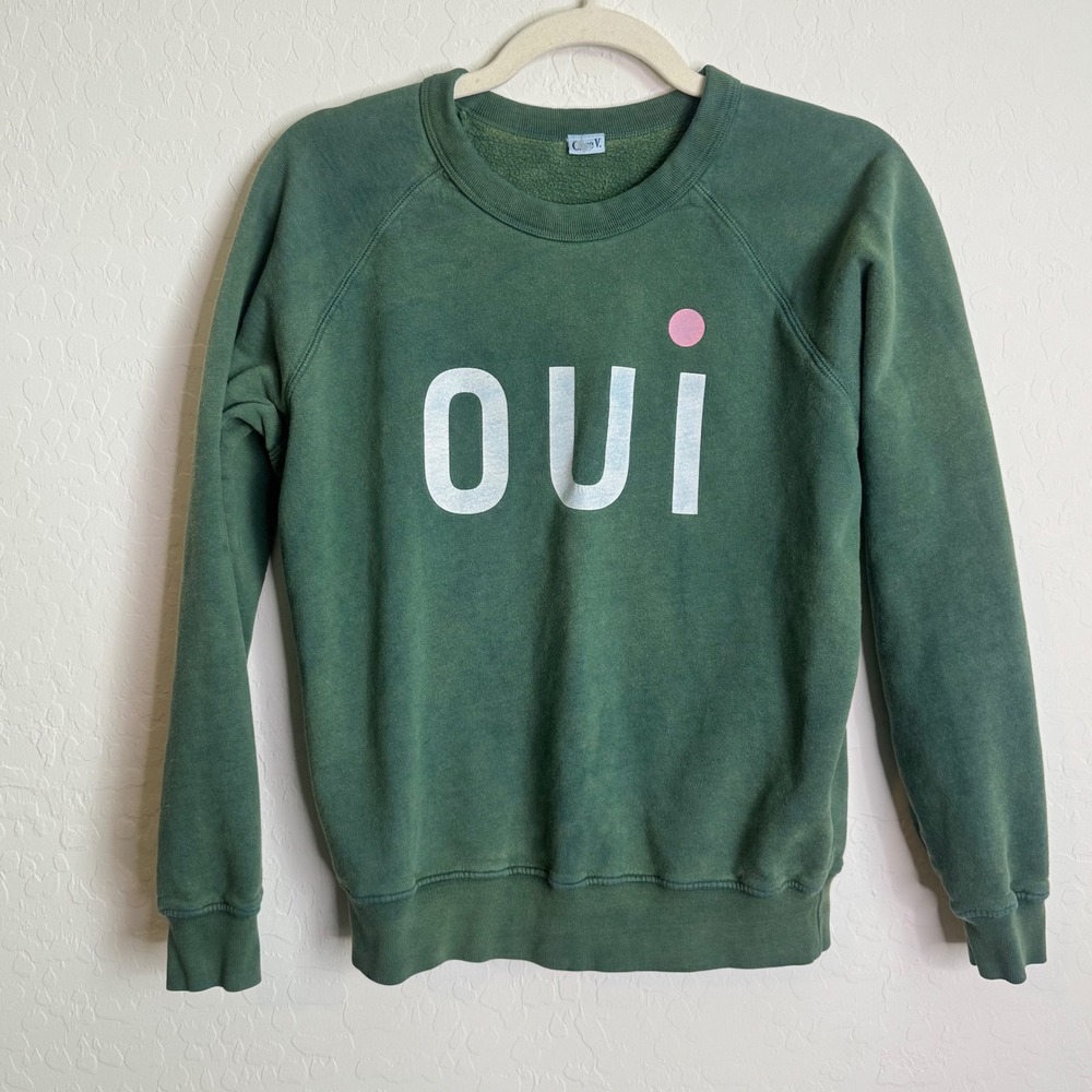 Clare V Green Oui Organic Cotton Mineral Wash Raglan Sweatshirt XS Made in USA